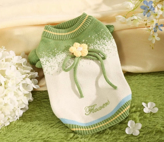 Ropa Verde con Flores Amarillas para Mascotas para Otoño e Invierno